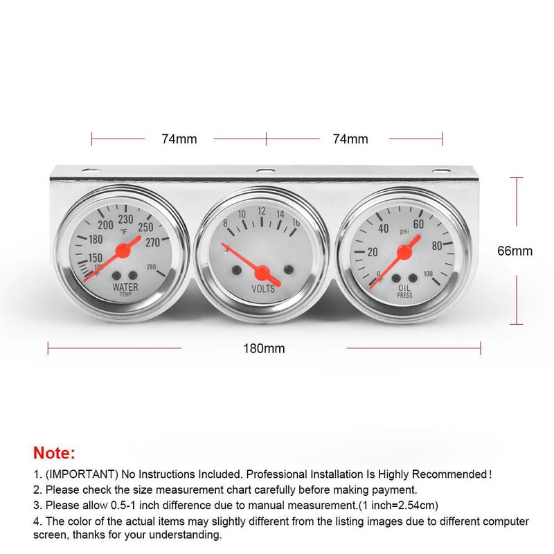 Dyno Racing 2inch 52MM Triple Gauge kit Volt Meter Water Temp Temperature Gauge Oil Press Pressure Gauge Car Meter Triple Gauge Set - Image 5